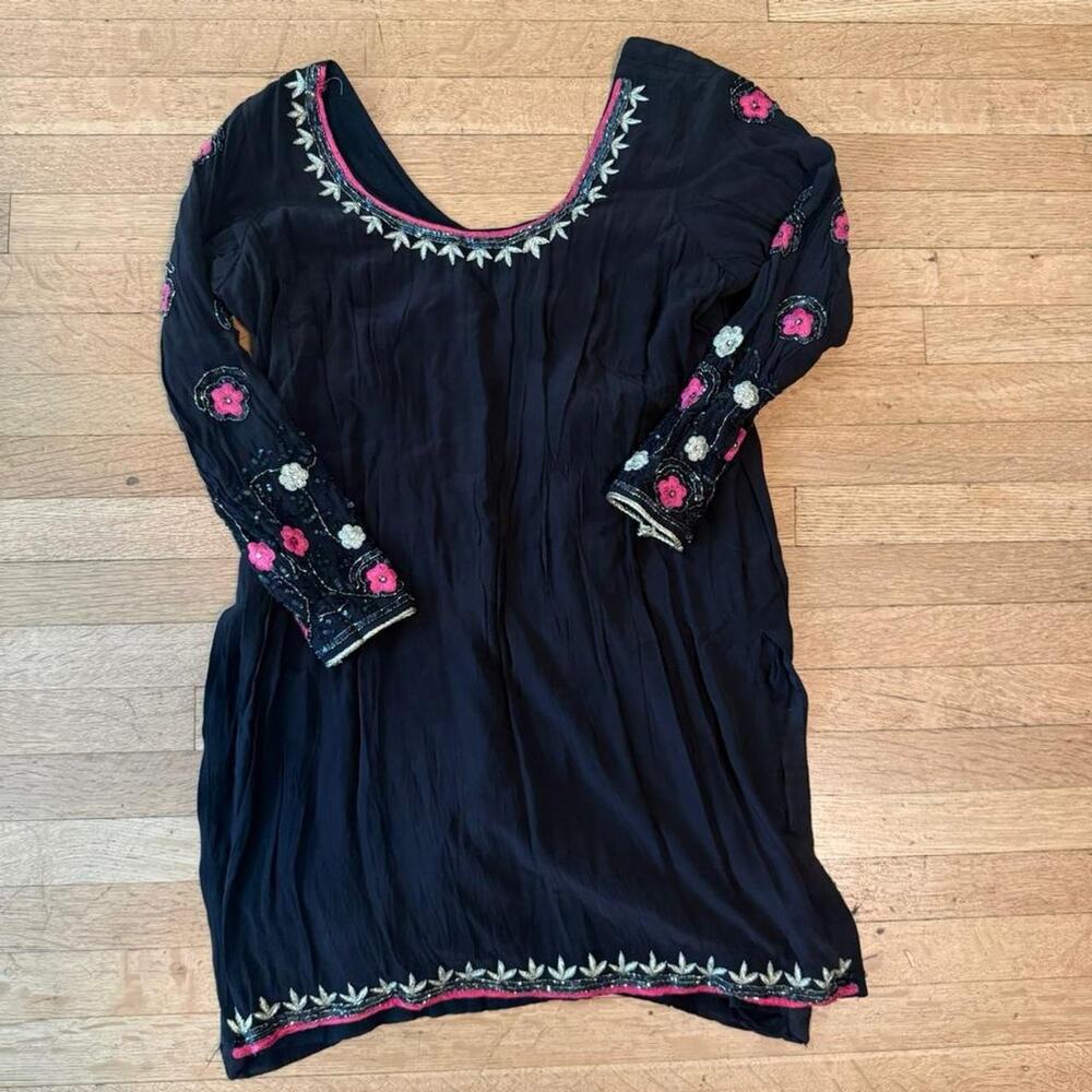 VTG Black & Pink Embroidered Beaded Long Sleeve Tunic Boho Fairy Whimsy Indie S